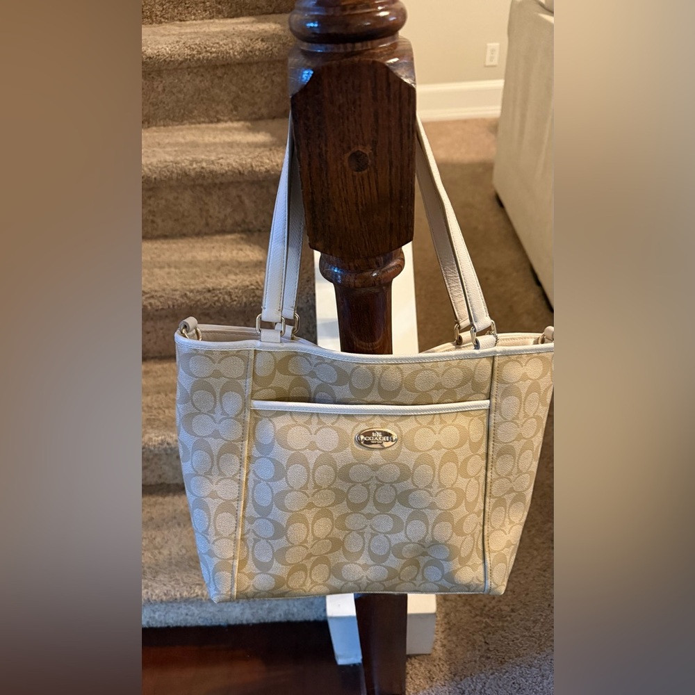 Coach Beige Signature Canvas Tote with Leather Trim